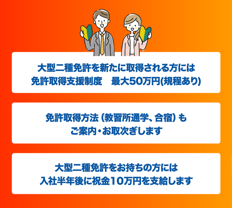 大型二種免許を新たに取得される方には免許取得支援制度　最大50万円(規程あり)