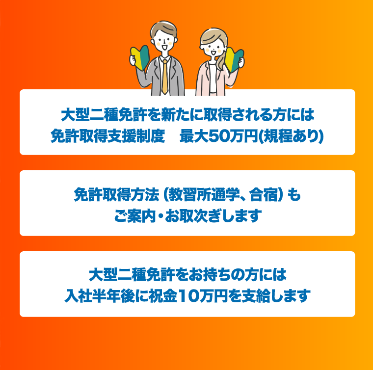 大型二種免許を新たに取得される方には免許取得支援制度　最大50万円(規程あり)